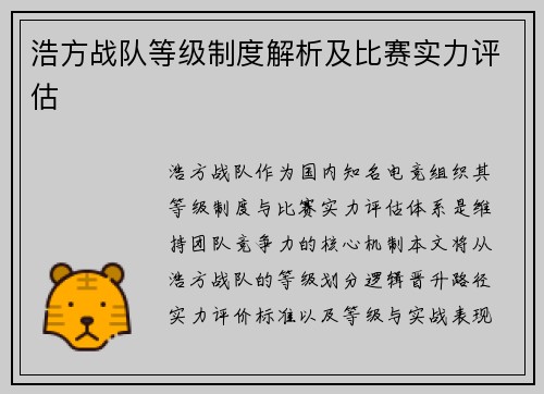 浩方战队等级制度解析及比赛实力评估