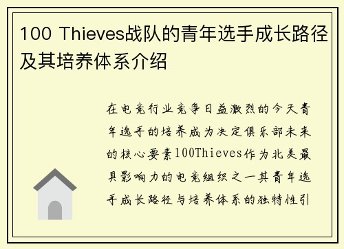 100 Thieves战队的青年选手成长路径及其培养体系介绍